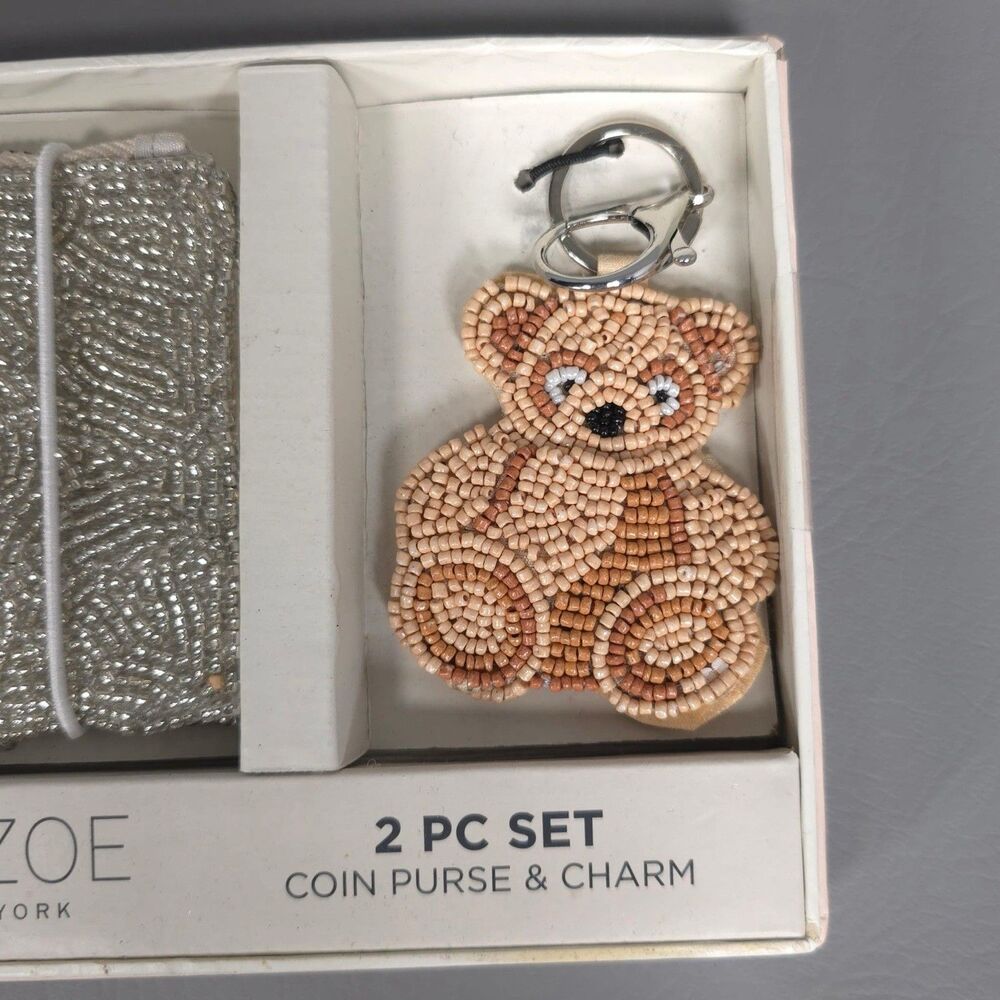 RACHEL ZOE New Viral Release 2pc Set Beaded Silver Teddy Bear Coin Purse & Charm - Picture 2 of 8
